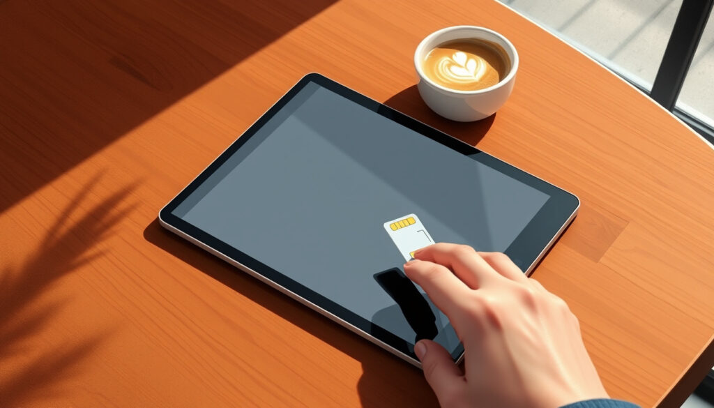 Tabletti pöydällä ja kädessä pidettävä SIM-kortti, aiheena tabletin mobiiliyhteys ja korttipaikka